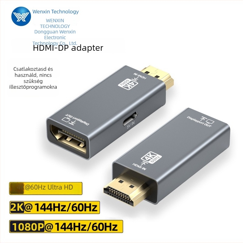 HDMI-től DP-ig adapter, 4K60Hz konverter laptophoz és külső monitorhoz, 60/144 Hz kijelző