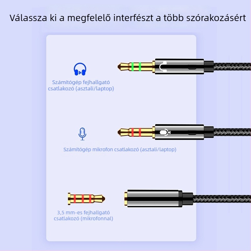 Kettős funkciójú fejhallgató–mikrofon adapter kábel asztali számítógéphez