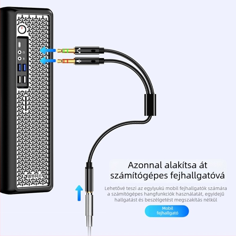 Kettős funkciójú fejhallgató–mikrofon adapter kábel asztali számítógéphez