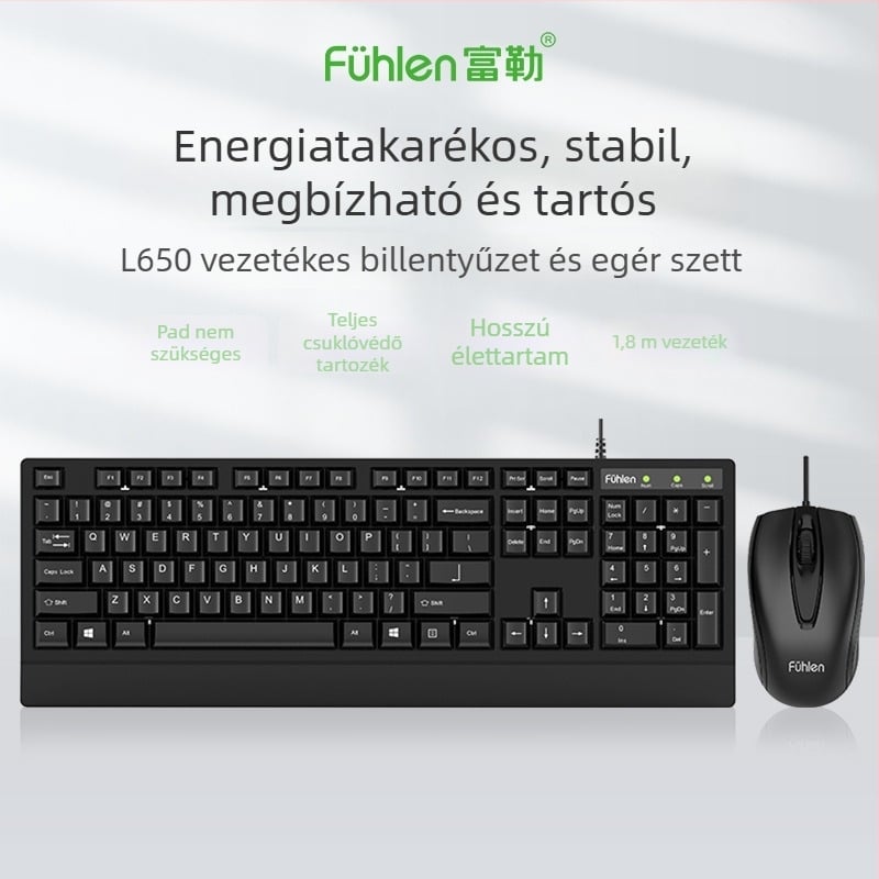 L650 kábeles billentyűzet és egér készlet – USB, 1000dpi optikai, 1,5 m kábel, ergonikus kialakítás