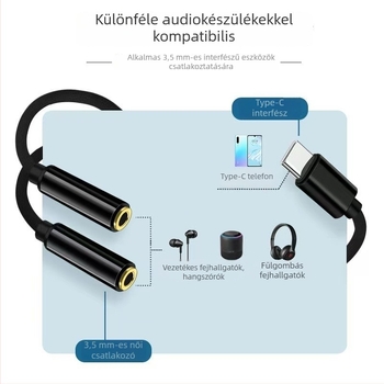Type-C 1–2 Audio Splitter Kábel, Egy–Kettő Adapter, Rézvezető, Ónzott Rézmag