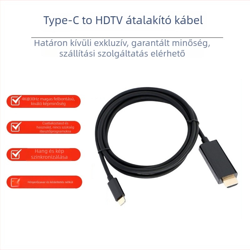 USB-C–tól HDTV-ig konverterkábel, rézmagú patchkábel, 1080p, egyfejes