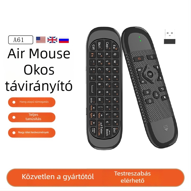 Bluetooth billentyűzet légi egérrel és távirányítóval – Dual mód (Bluetooth & 2.4G), USB interfész, 10 m hatótáv, 1000dpi, hangvezérlés