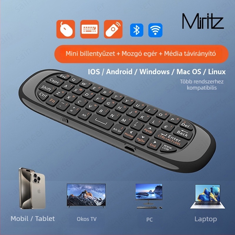 Bluetooth billentyűzet légi egérrel és távirányítóval – Dual mód (Bluetooth & 2.4G), USB interfész, 10 m hatótáv, 1000dpi, hangvezérlés