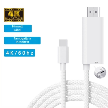 USB-C–HDMI kábel, 4K60Hz, PD 100W, Réz vezeték, Nikkel bevonatú