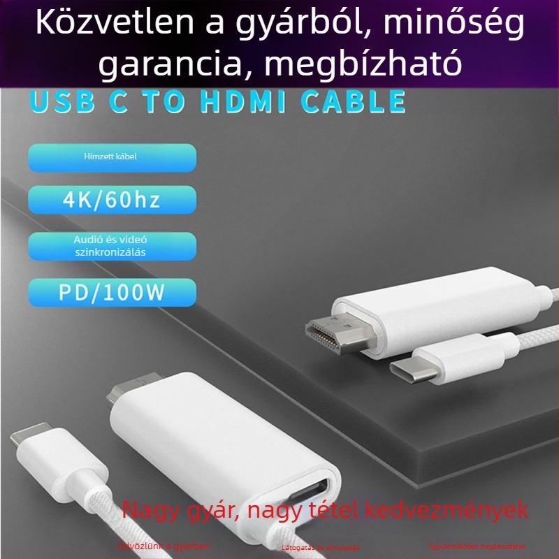 USB-C–HDMI kábel, 4K60Hz, PD 100W, Réz vezeték, Nikkel bevonatú