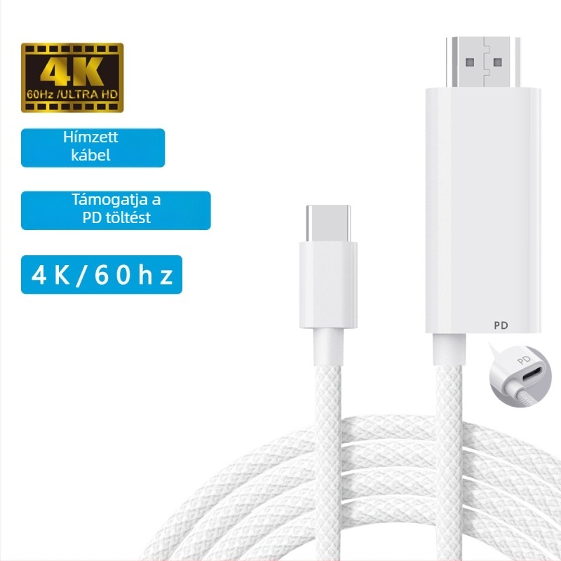 USB-C–HDMI kábel, 4K60Hz, PD 100W, Réz vezeték, Nikkel bevonatú