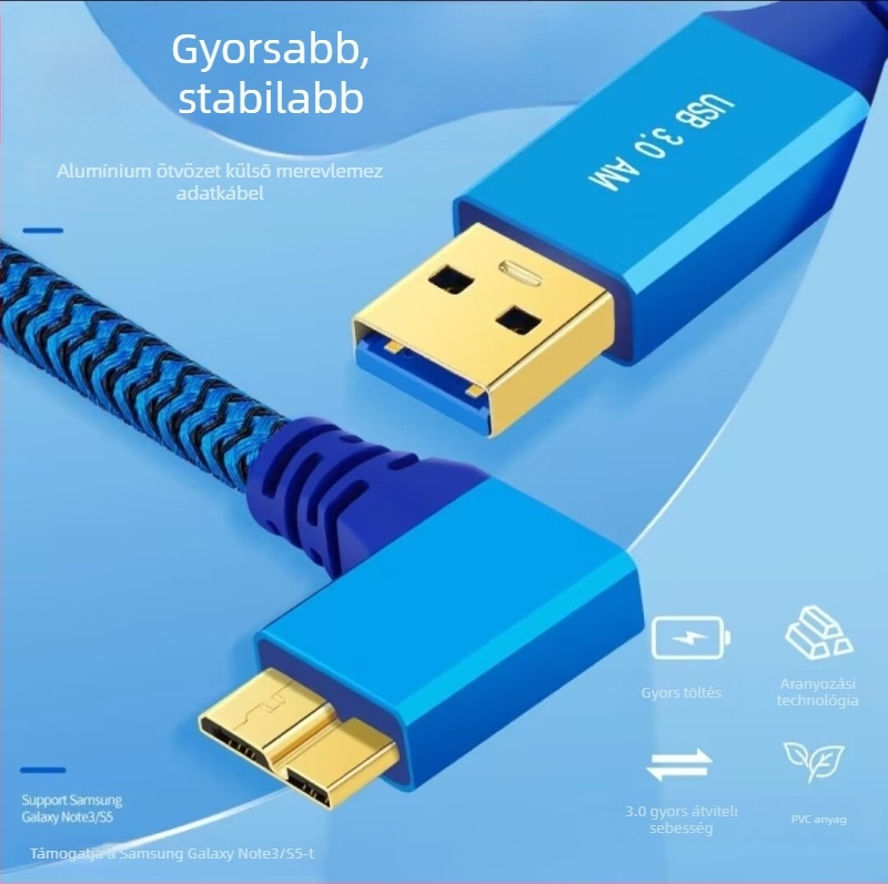 USB 3.0 90° kábel A–Micro-B, gyors adatátvitel, aranyozott csatlakozók, fonott réz