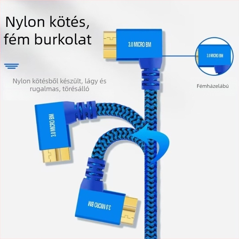 USB 3.0 90° kábel A–Micro-B, gyors adatátvitel, aranyozott csatlakozók, fonott réz