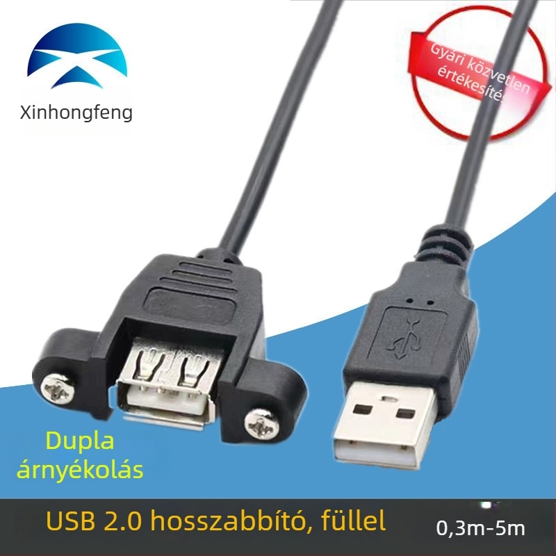 USB 2.0 hosszabbító kábel USB‑A férfi–USB‑A női, csavaros fül a rögzítéshez, réz vezető, injekciós öntvény ház