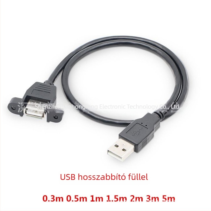 USB 2.0 hosszabbító kábel USB‑A férfi–USB‑A női, csavaros fül a rögzítéshez, réz vezető, injekciós öntvény ház