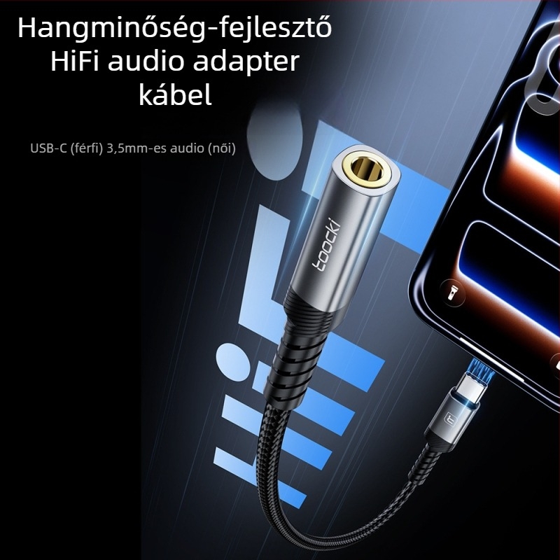 Toocki Type-C 3,5 mm-es audio adapter kábel vezetékes távirányítóval, HiFi, modell Tq-yd09a/b, kompatibil Apple, Samsung, Xiaomi, Huawei