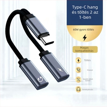 Type-C to Dual Type-C adapter OTG és audio funkcióval, PD60W gyorstöltés, 480 Mbps adatátvitel