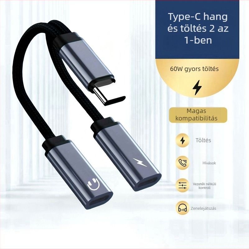 Type-C to Dual Type-C adapter OTG és audio funkcióval, PD60W gyorstöltés, 480 Mbps adatátvitel