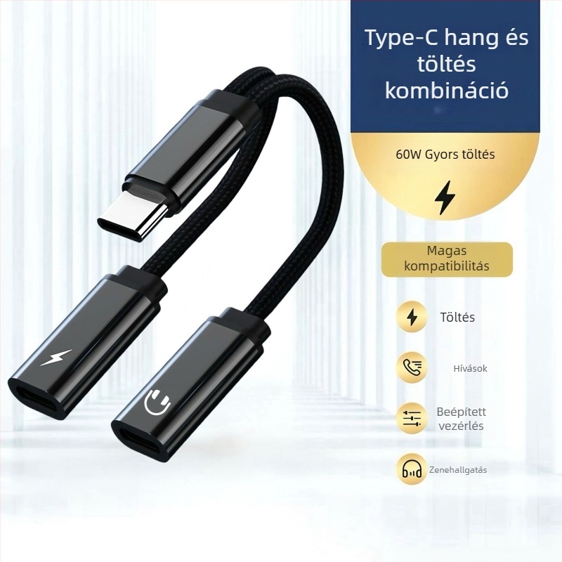 Type-C to Dual Type-C adapter OTG és audio funkcióval, PD60W gyorstöltés, 480 Mbps adatátvitel