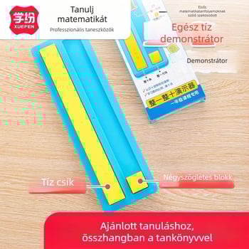 Első osztályos matematika tanulóeszköz: Számok és mennyiségek — megértés, összehasonlítás, összeadás és kivonás 20-ig; tartalmaz 20 négyzetet, 10 csíkot és 36 matematikai kártyát; 30 darab dobozonként, 4 doboz; anyagok: polisztirol és polietilén.