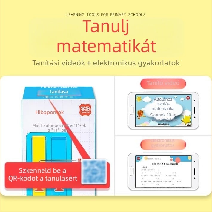 Első osztályos matematika tanulóeszköz: Számok és mennyiségek — megértés, összehasonlítás, összeadás és kivonás 20-ig; tartalmaz 20 négyzetet, 10 csíkot és 36 matematikai kártyát; 30 darab dobozonként, 4 doboz; anyagok: polisztirol és polietilén.