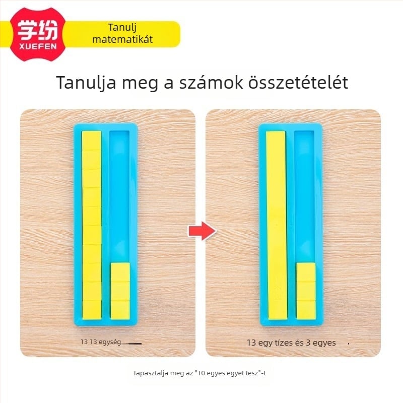 Első osztályos matematika tanulóeszköz: Számok és mennyiségek — megértés, összehasonlítás, összeadás és kivonás 20-ig; tartalmaz 20 négyzetet, 10 csíkot és 36 matematikai kártyát; 30 darab dobozonként, 4 doboz; anyagok: polisztirol és polietilén.