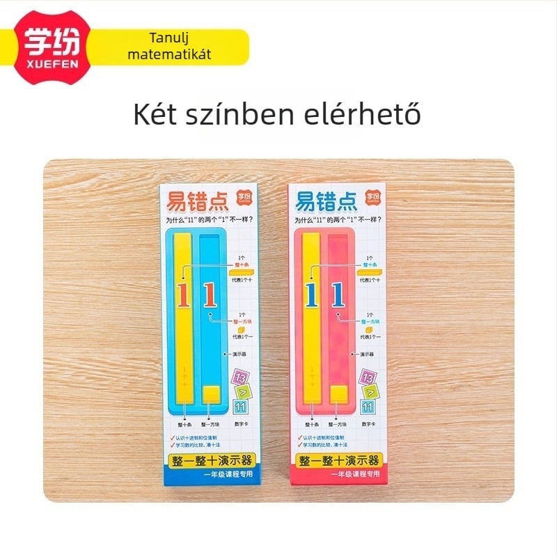 Első osztályos matematika tanulóeszköz: Számok és mennyiségek — megértés, összehasonlítás, összeadás és kivonás 20-ig; tartalmaz 20 négyzetet, 10 csíkot és 36 matematikai kártyát; 30 darab dobozonként, 4 doboz; anyagok: polisztirol és polietilén.