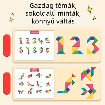 Mágneses tangram puzzle – Fa oktató játék gyerekeknek, mintázat-összeállítás, 7–14 évesek, Shaoze culture, eredet: Wenzhou