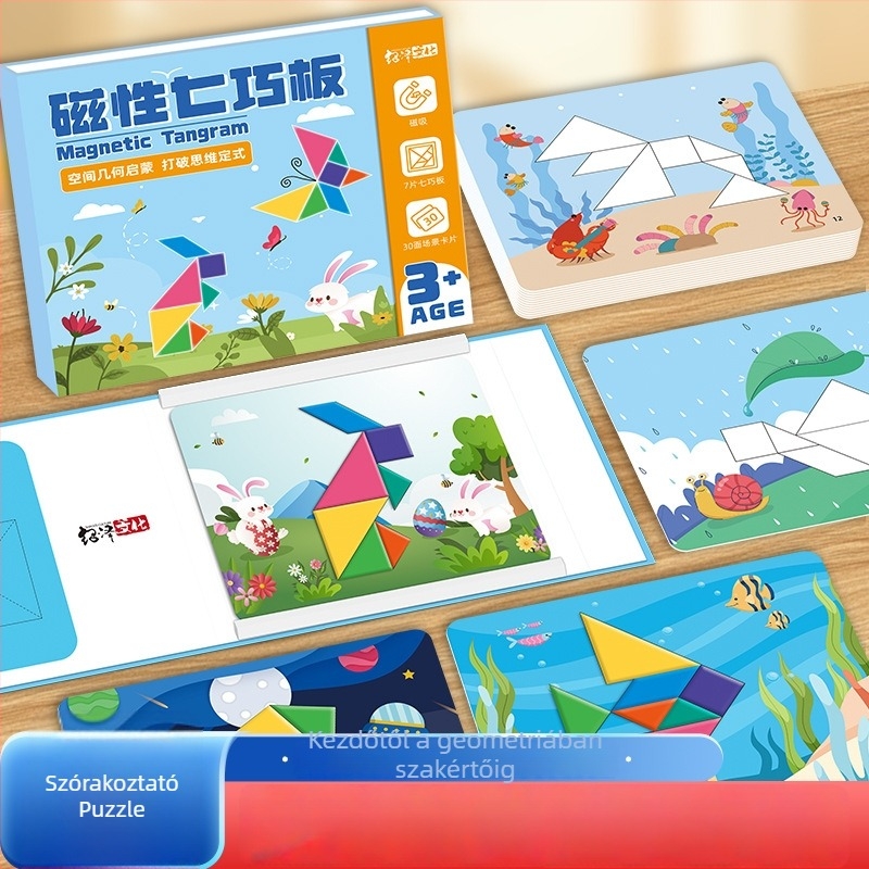 Mágneses tangram puzzle – Fa oktató játék gyerekeknek, mintázat-összeállítás, 7–14 évesek, Shaoze culture, eredet: Wenzhou