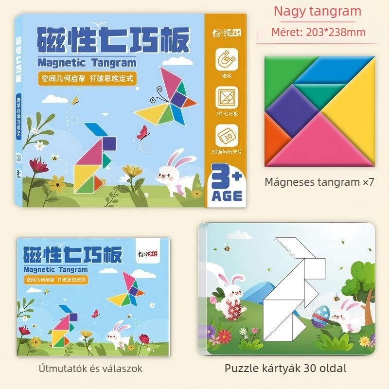 Mágneses tangram puzzle – Fa oktató játék gyerekeknek, mintázat-összeállítás, 7–14 évesek, Shaoze culture, eredet: Wenzhou