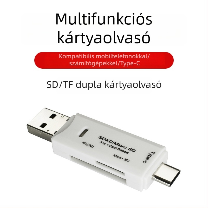 Type-C OTG kártyaolvasó – All-in-One USB 2.0 SD/TF olvasó mobilokra és számítógépre, ABS ház, Modell 11006