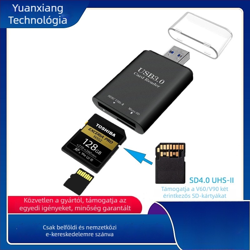 USB 3.0 kártyaolvasó – Modell YX-7010B; támogatja SD/SDHC/TF/MicroSD memóriakártyákat; külső kivitel; kompatibil minden operációs rendszerrel