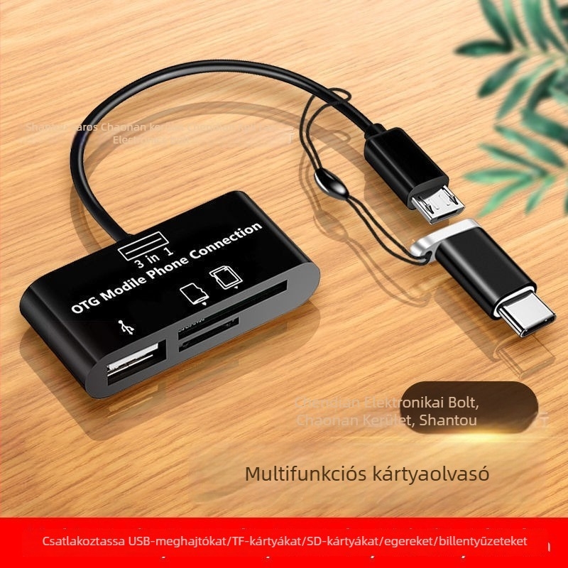 USB 3.0 kártyaolvasó USB-C OTG Android telefonokhoz (USB 3.0 interfész, SD/SDHC/TF kártyák, USB-C OTG, Android-kompatibilis)