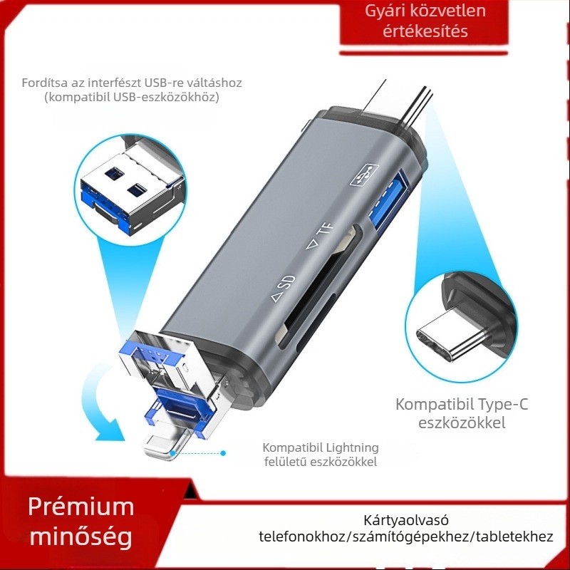 Hat-in-1 USB kártyaolvasó – TF memóriakártya-nyílás, USB 2.0 interfész, külső OEM többfunkciós olvasó