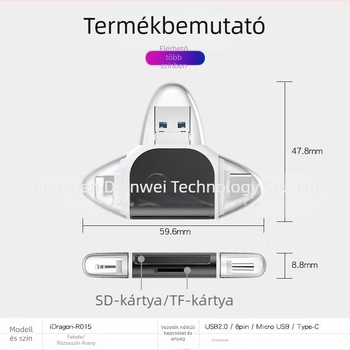 Fém négyportos kártyaolvasó USB 2.0, SD/TF — Modell U003
