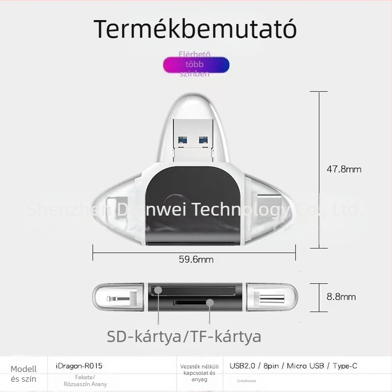 Fém négyportos kártyaolvasó USB 2.0, SD/TF — Modell U003