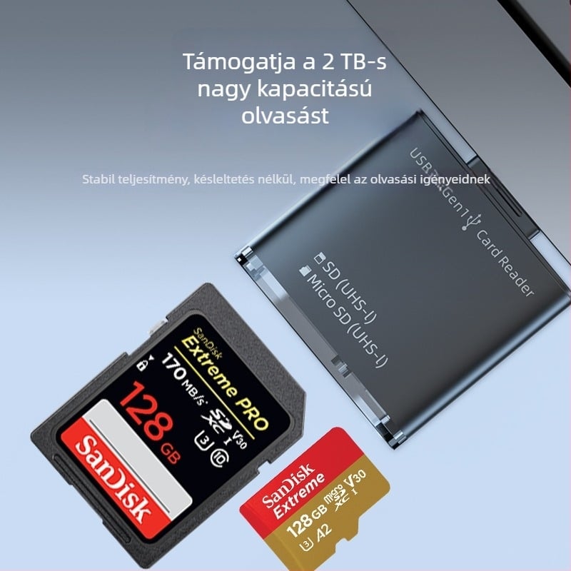 USB 3.0 nagysebességű kártyaolvasó, cinkötvözet test, SD/TF kártya támogatás, 2 az 1-ben