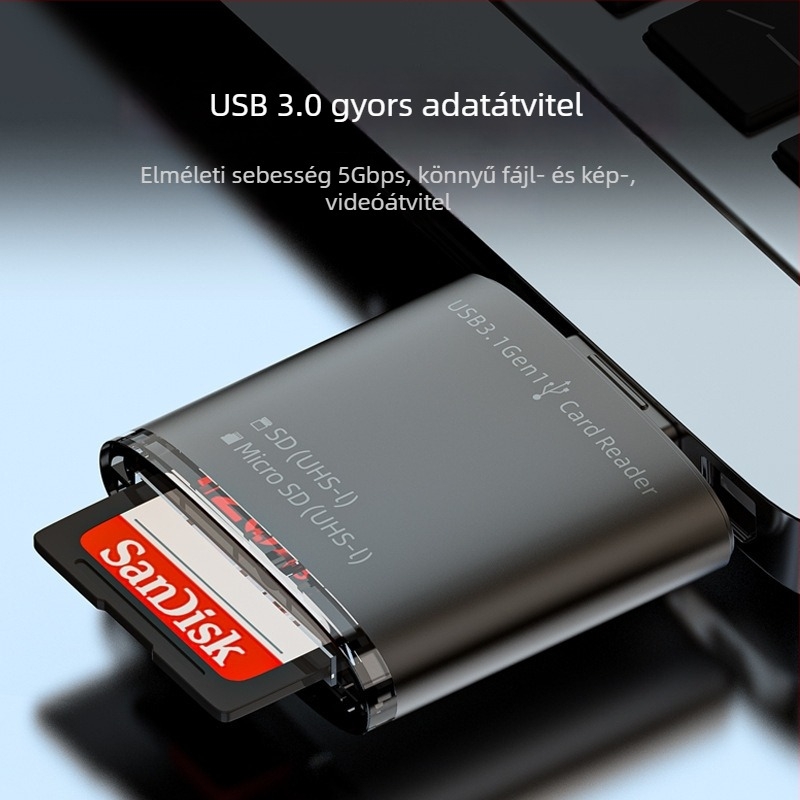 USB 3.0 nagysebességű kártyaolvasó, cinkötvözet test, SD/TF kártya támogatás, 2 az 1-ben