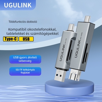 OTG USB-C kártyaolvasó — USB 2.0 interfész, SD/TF memóriakártyák, külső adapter alumíniumötvözetből