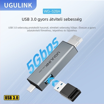 OTG USB-C kártyaolvasó — USB 2.0 interfész, SD/TF memóriakártyák, külső adapter alumíniumötvözetből