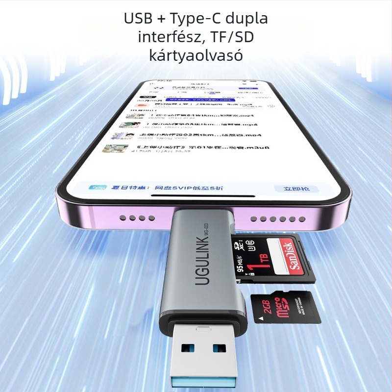 OTG USB-C kártyaolvasó — USB 2.0 interfész, SD/TF memóriakártyák, külső adapter alumíniumötvözetből