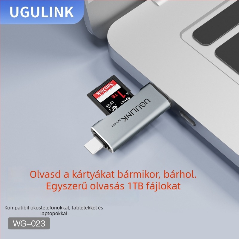 OTG USB-C kártyaolvasó — USB 2.0 interfész, SD/TF memóriakártyák, külső adapter alumíniumötvözetből