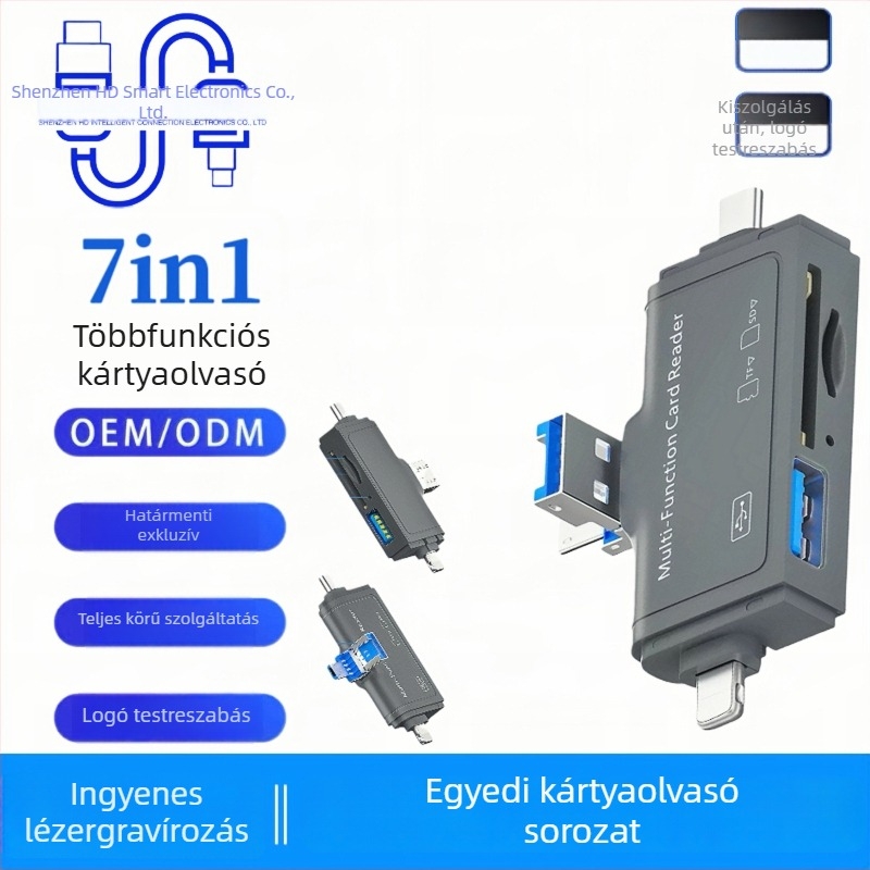 7 az 1-ben kártyaolvasó — Apple Type-C és Android készülékekkel és PC-kkel kompatibilis; USB 2.0 interfész; TF kártya támogatás; OTG 3.0 többfunkciós; plug-and-play