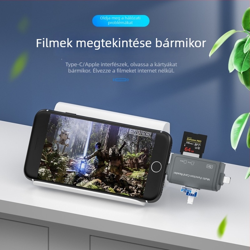 7 az 1-ben kártyaolvasó — Apple Type-C és Android készülékekkel és PC-kkel kompatibilis; USB 2.0 interfész; TF kártya támogatás; OTG 3.0 többfunkciós; plug-and-play
