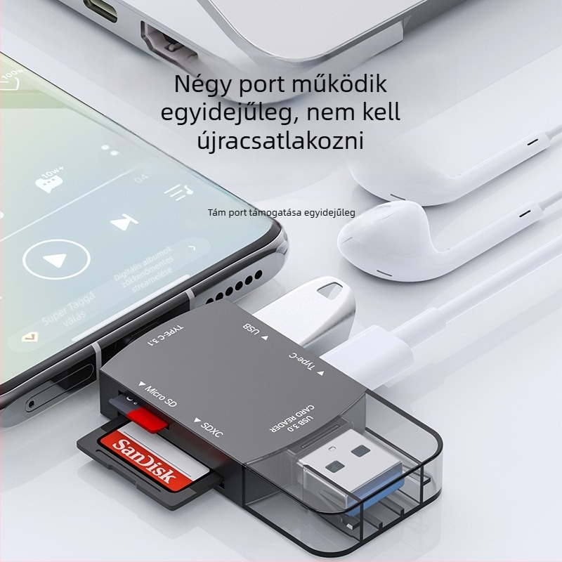 Kettő az egyben USB-C/ USB 3.0 Kártyaolvasó SD/SDHC/TF/microSD-hez – külső, cink ötvözet, 30 g, nagy sebesség, kompatibil minden operációs rendszerrel