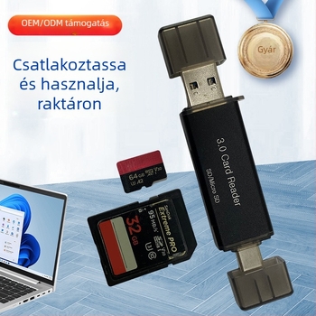 USB 3.0 SD/MicroSD kártyaolvasó USB-C OTG-vel – mini külső, alumínium ötvözet test, Windows 7 kompatibil