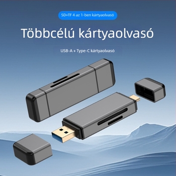 USB 3.0/3.2 kettős kártyaolvasó SD/TF slotokkal, alumínium ötvözet test, USB-C külső olvasó