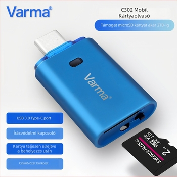 C302 USB-C TF kártyaolvasó, USB 3.2 Gen 1, cinkötvözet test, külső, írásvédett