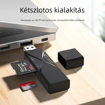 OTG kártyaolvasó SD/TF-kártyákhoz, USB 2.0 és USB-C, hordozható, ABS műanyag