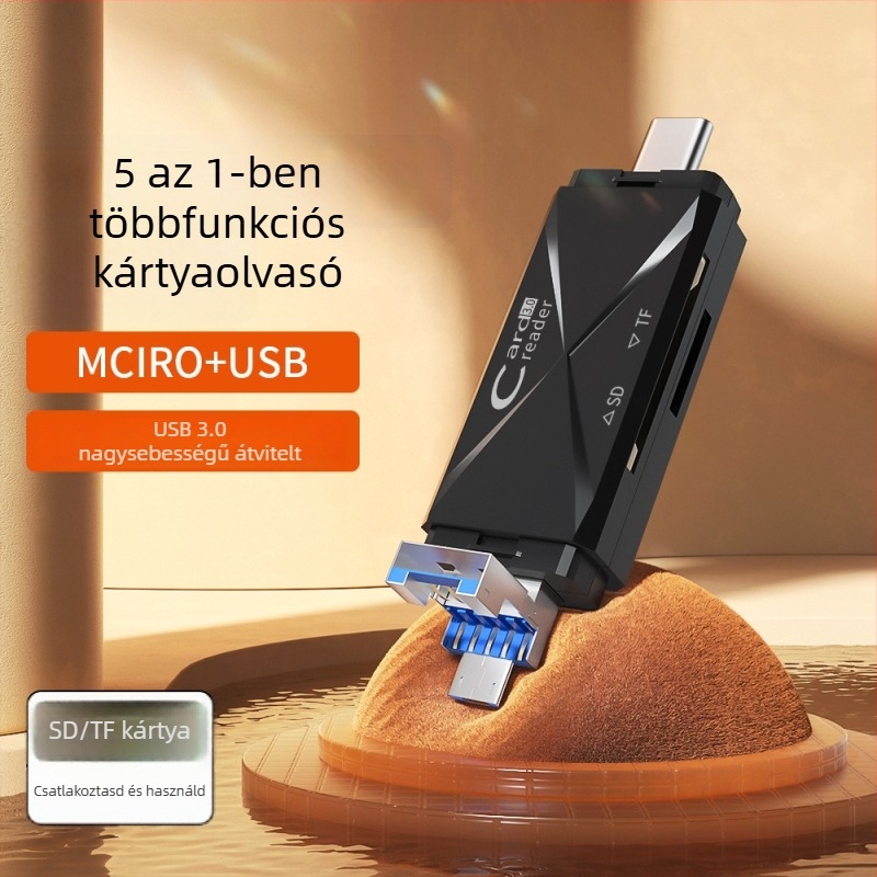 OTG kártyaolvasó SD/TF-kártyákhoz, USB 2.0 és USB-C, hordozható, ABS műanyag