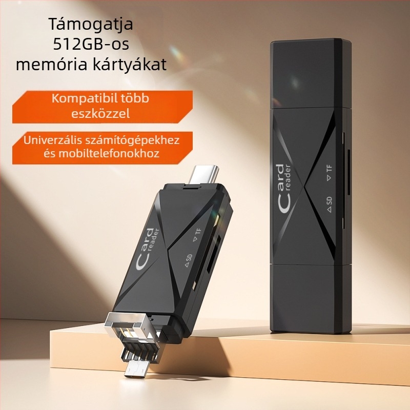 OTG kártyaolvasó SD/TF-kártyákhoz, USB 2.0 és USB-C, hordozható, ABS műanyag