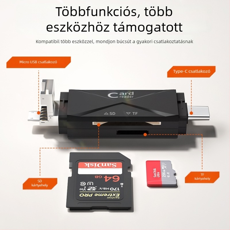 OTG kártyaolvasó SD/TF-kártyákhoz, USB 2.0 és USB-C, hordozható, ABS műanyag