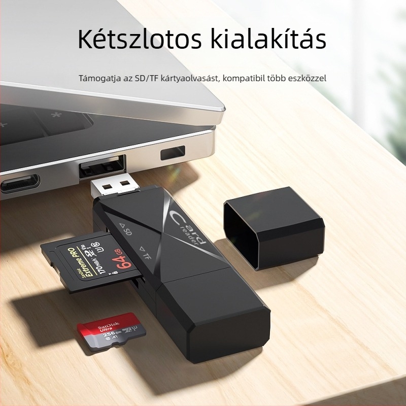 OTG kártyaolvasó SD/TF-kártyákhoz, USB 2.0 és USB-C, hordozható, ABS műanyag