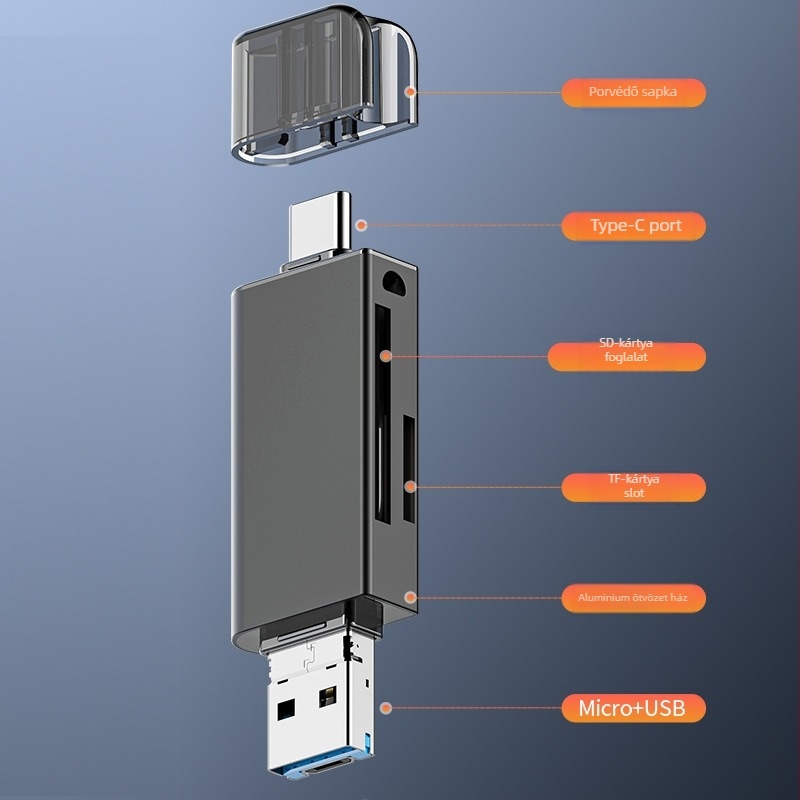 Külső USB 2.0 kártyaolvasó MR214, alumíniumötvözet ház, többformátumú támogatás SD/SDHC/MMC Plus/TF/MicroSD, Windows 7 kompatibilis
